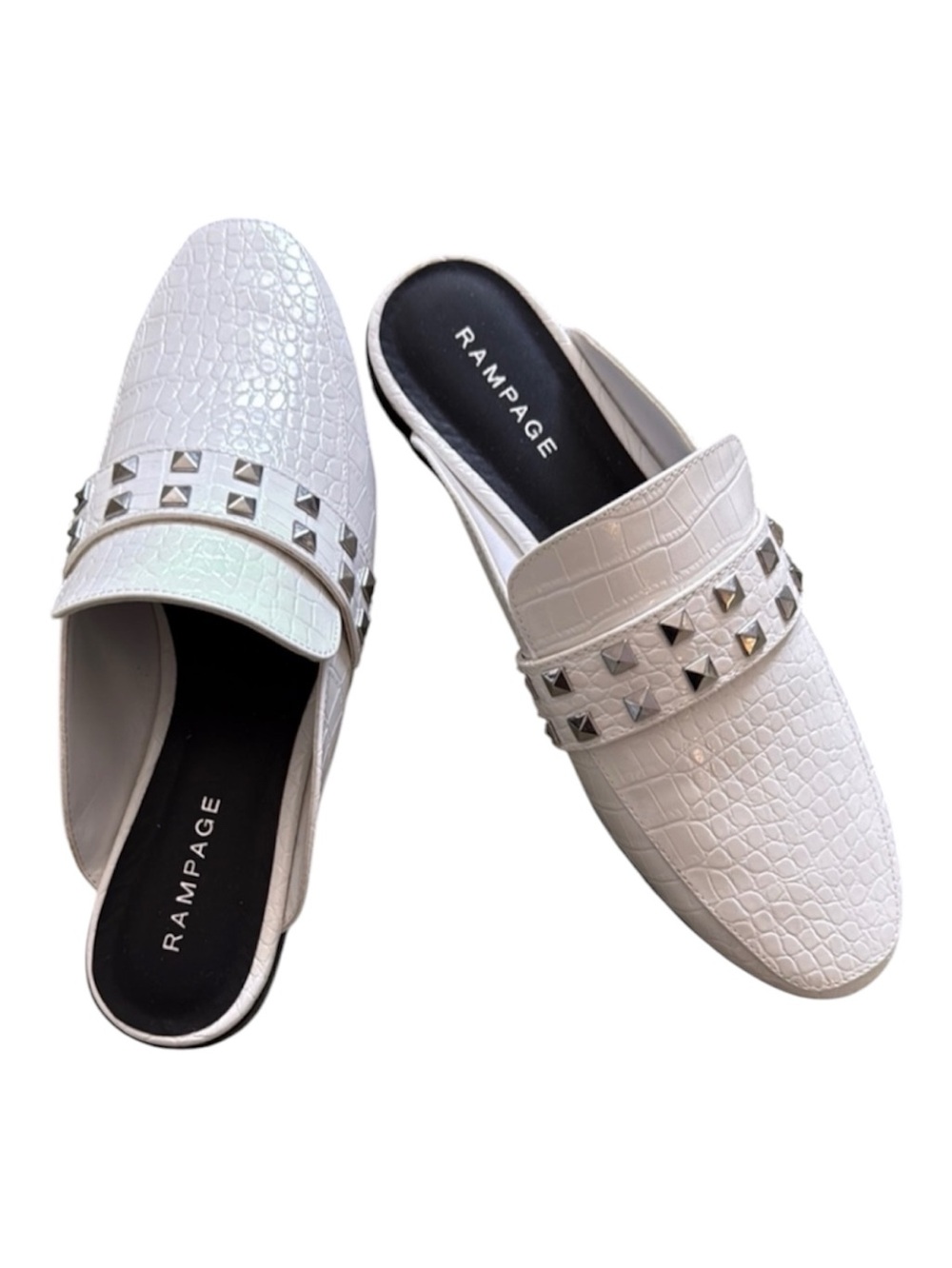 Rampage White Croc-Embossed Slip-On Mules with Silver Stud Accents Sz 7.5 NWOT